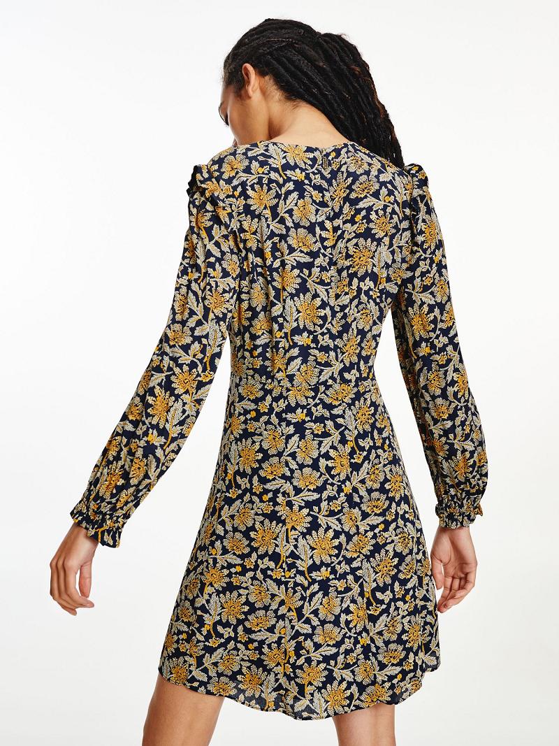 Női Tommy Hilfiger Floral Crepe Long-Sleeve Dresses Olivazöld | HU 89WNB